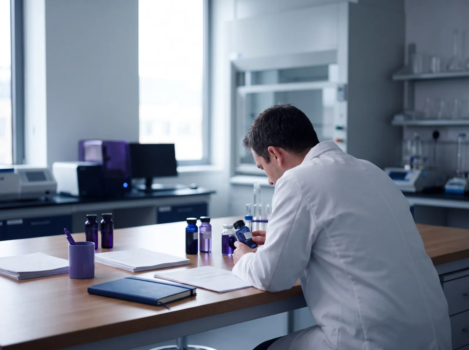 Researcher in a white lab coat working at a bench with documents and glass vials, face not visible