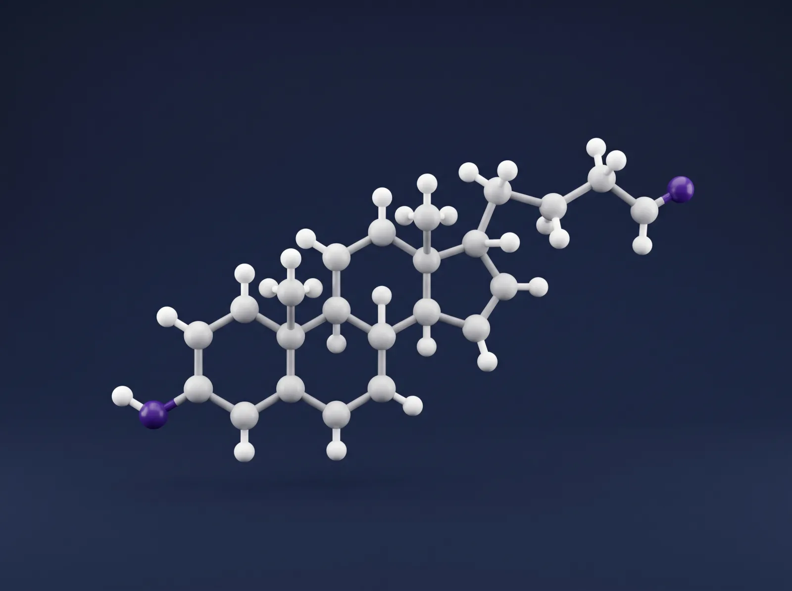 Illustrative 3D render of a molecule with four fused carbon rings in white and violet on deep navy