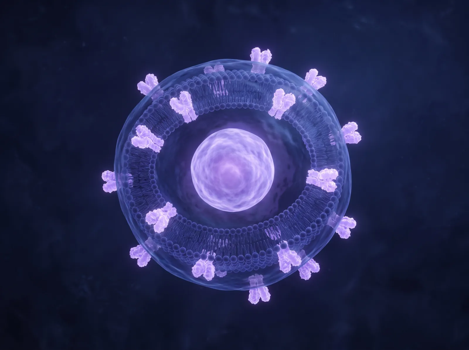 Illustrative 3D render of a cell membrane with surface receptors and a glowing nucleus in navy and violet