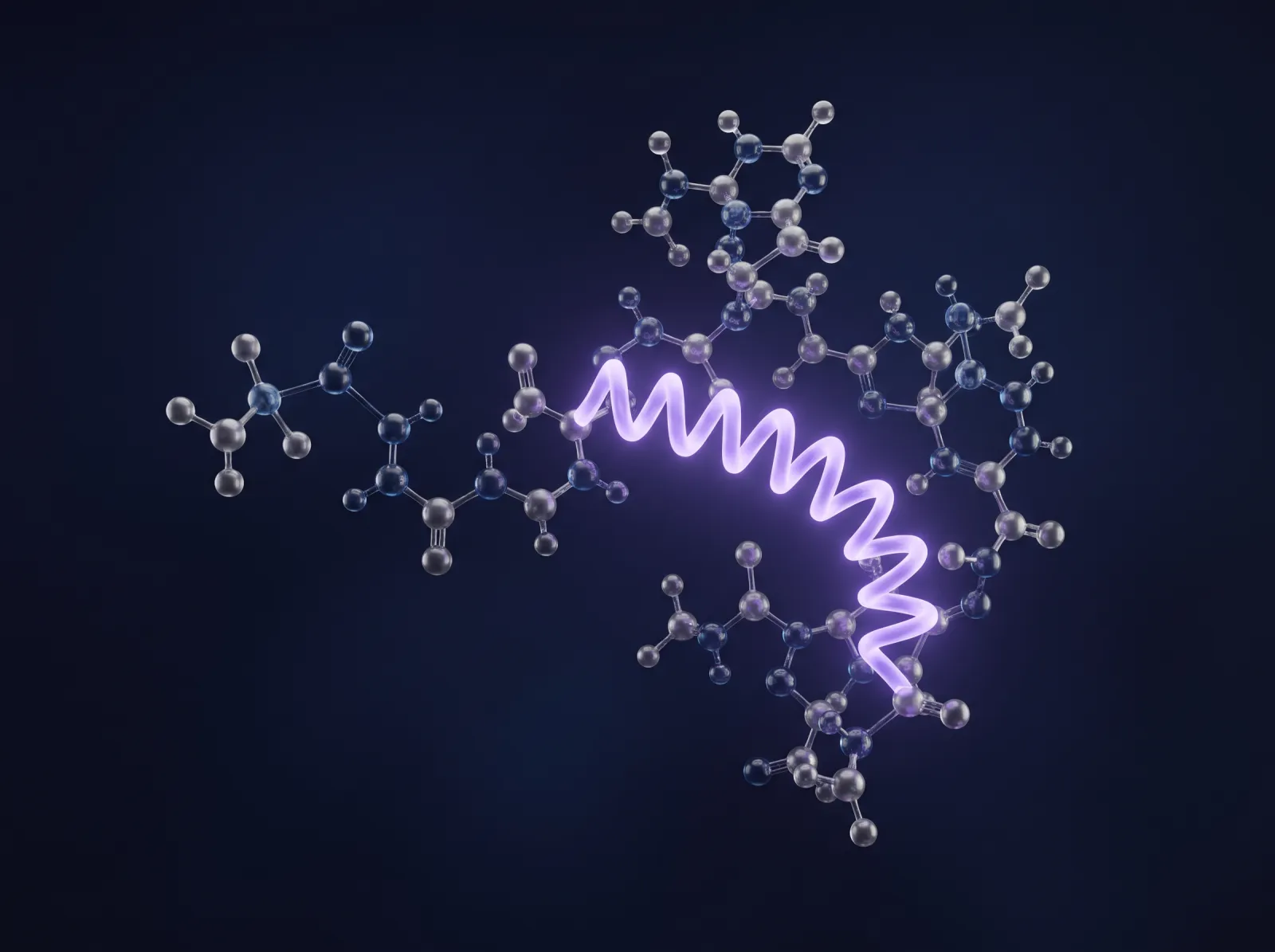 Illustrative 3D render of a peptide chain with one glowing violet segment on a navy background