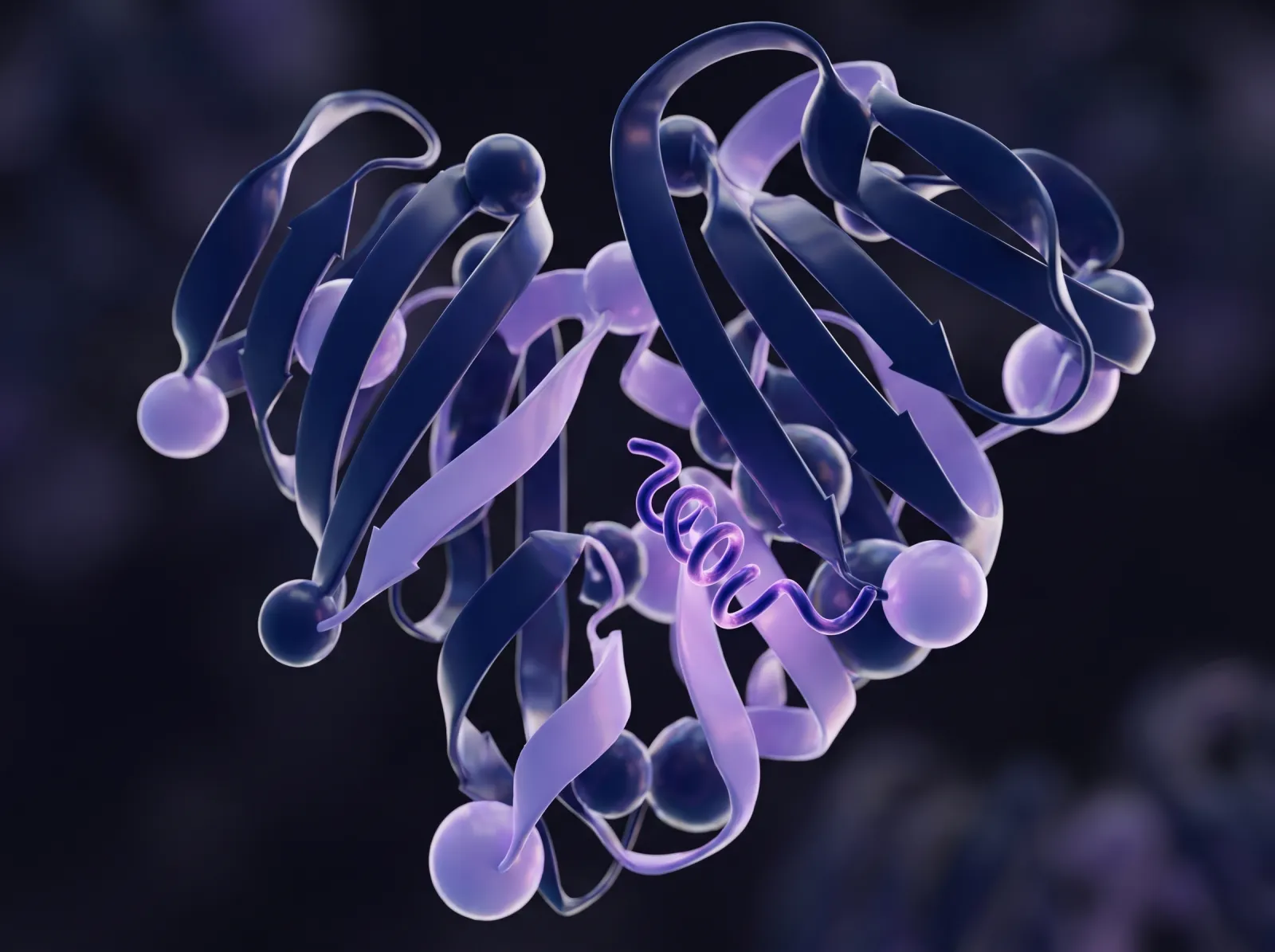 Illustrative 3D render of a large albumin protein with a small peptide attached to its surface