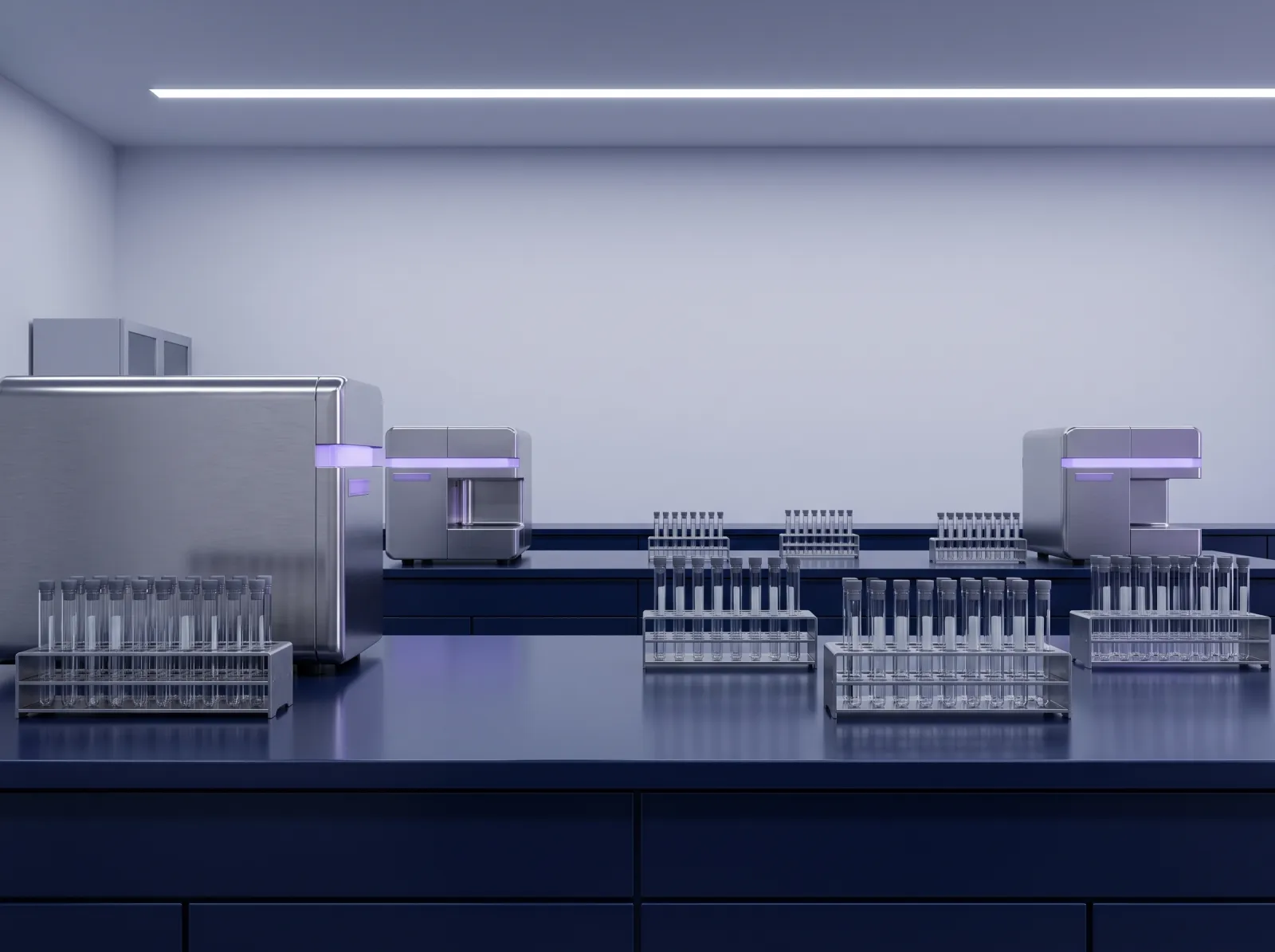 Clinical research laboratory with sample tubes in racks and analytical equipment under clean cool light