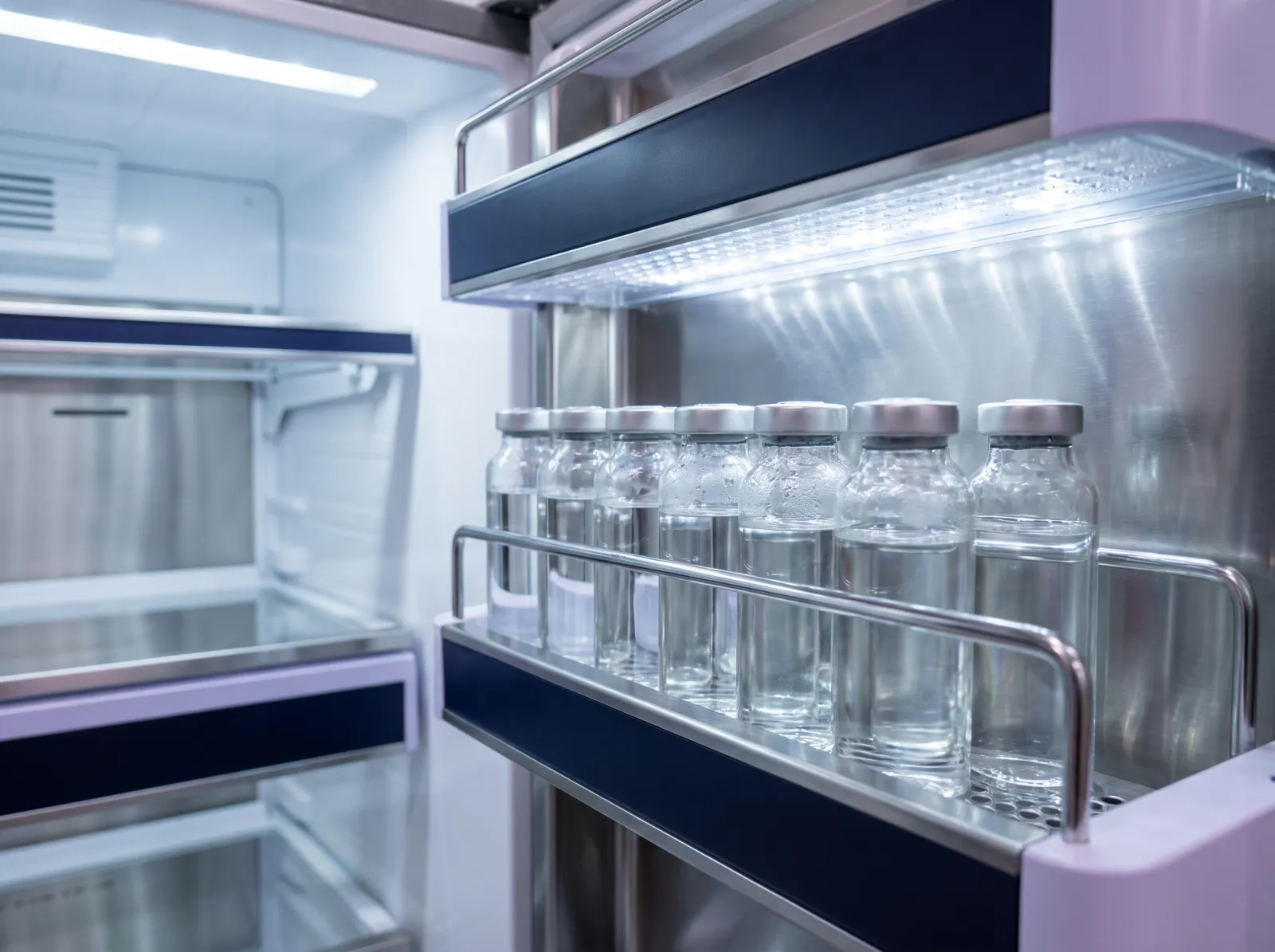 Glass vials of clear liquid in the door rack of a clean laboratory refrigerator under cool white light
