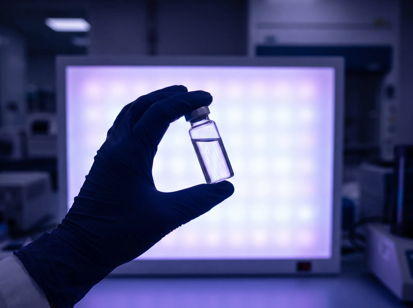 Gloved hand holding a vial of clear liquid against a bright light panel for visual inspection in a lab