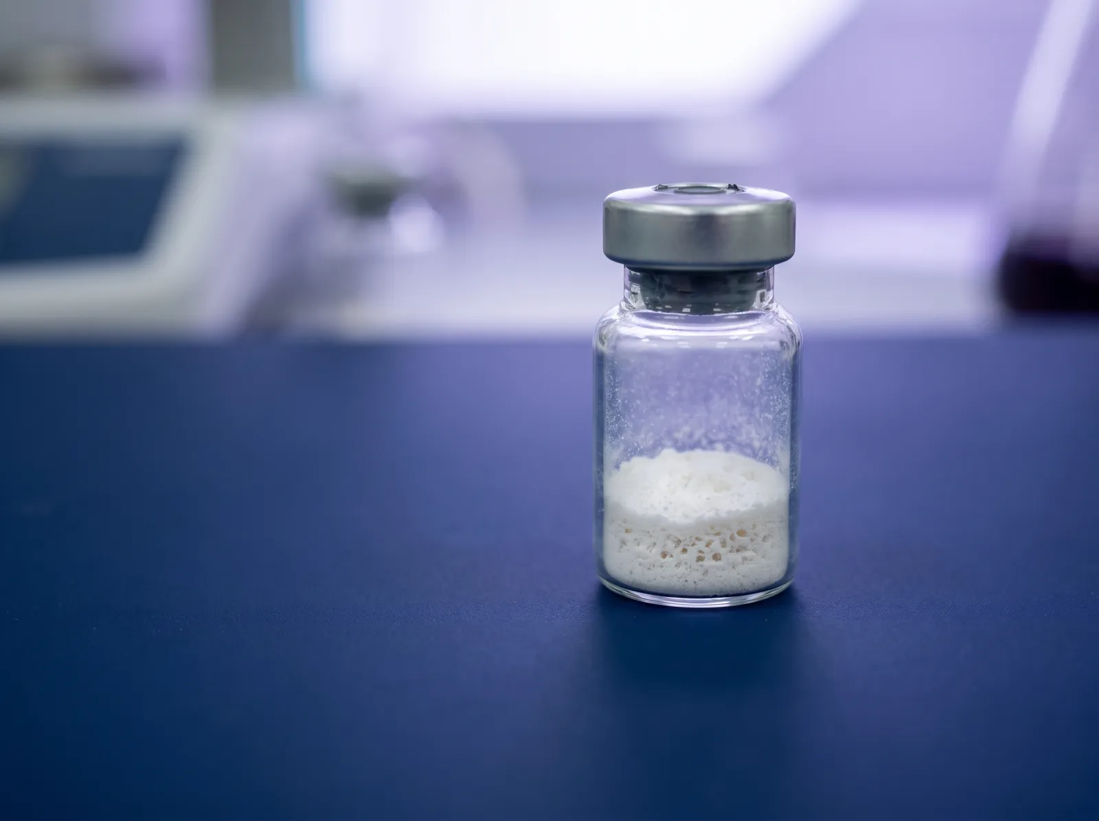 Close up of a small glass vial with a white lyophilized peptide cake at the bottom under laboratory lighting