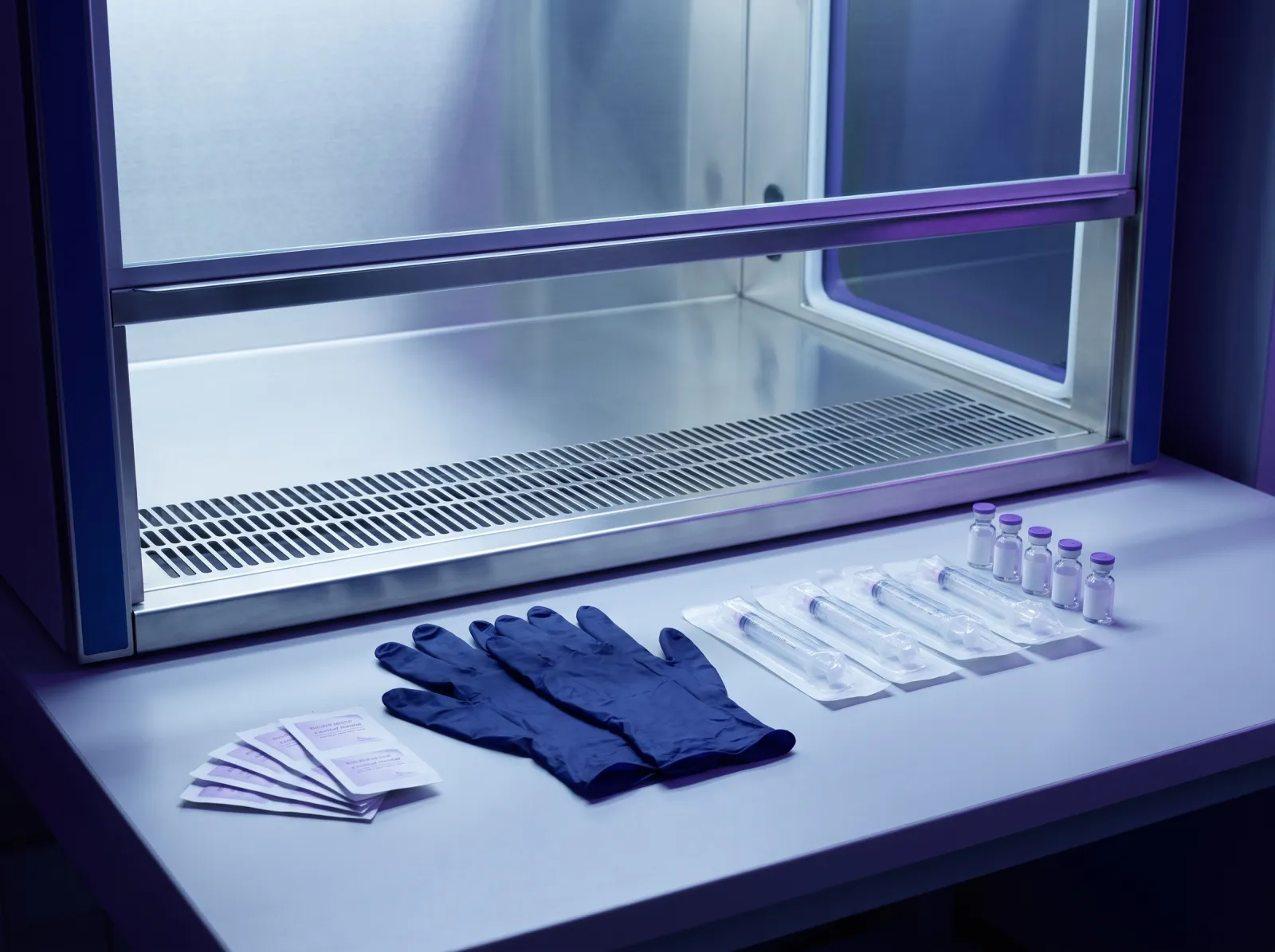 Lab workspace with nitrile gloves, alcohol swabs, sealed sterile syringes and vials by a laminar flow hood