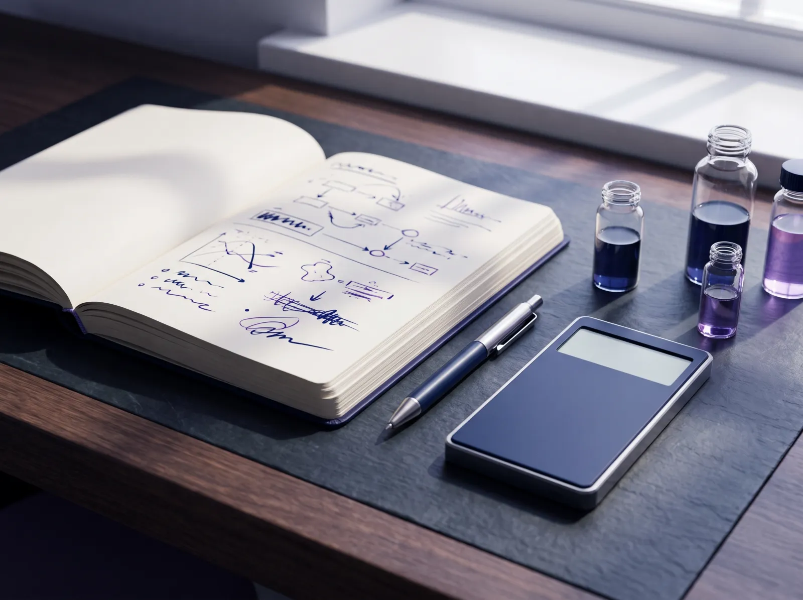 Open laboratory notebook with a pen and a calculator next to a few glass vials on a lab bench