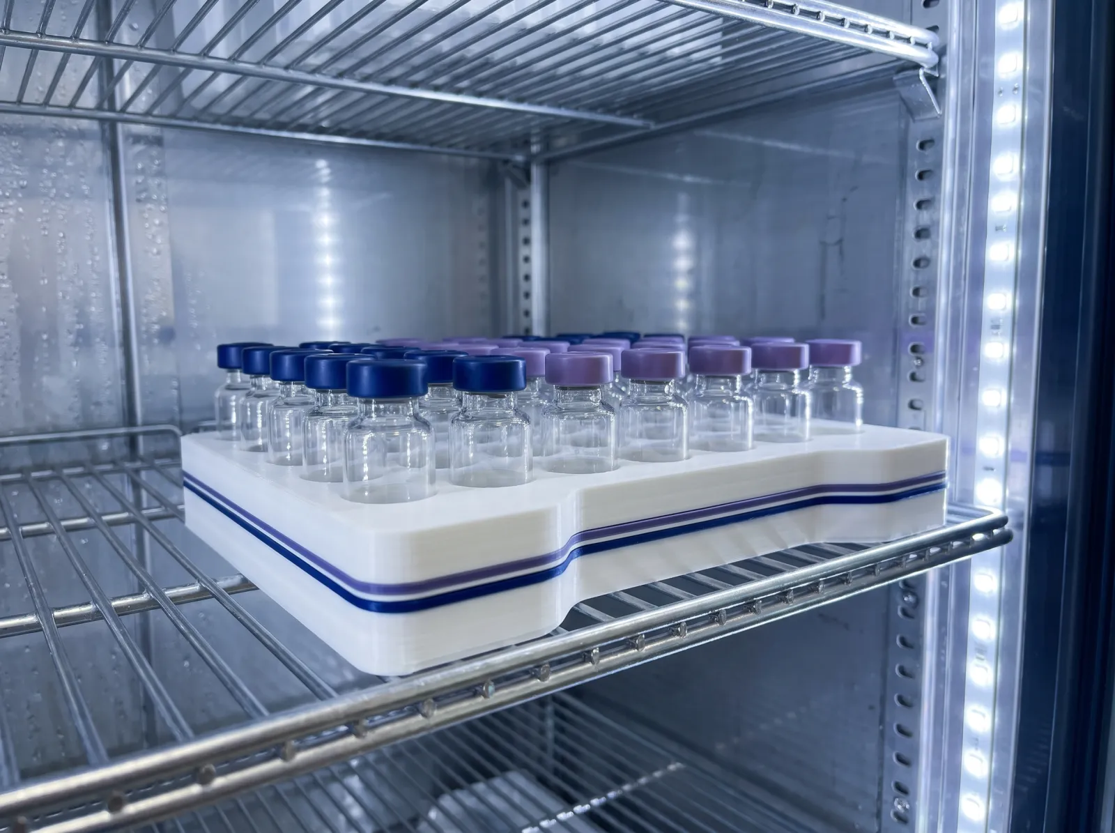 Rows of small glass vials in a white rack on a laboratory refrigerator shelf under clean cool light