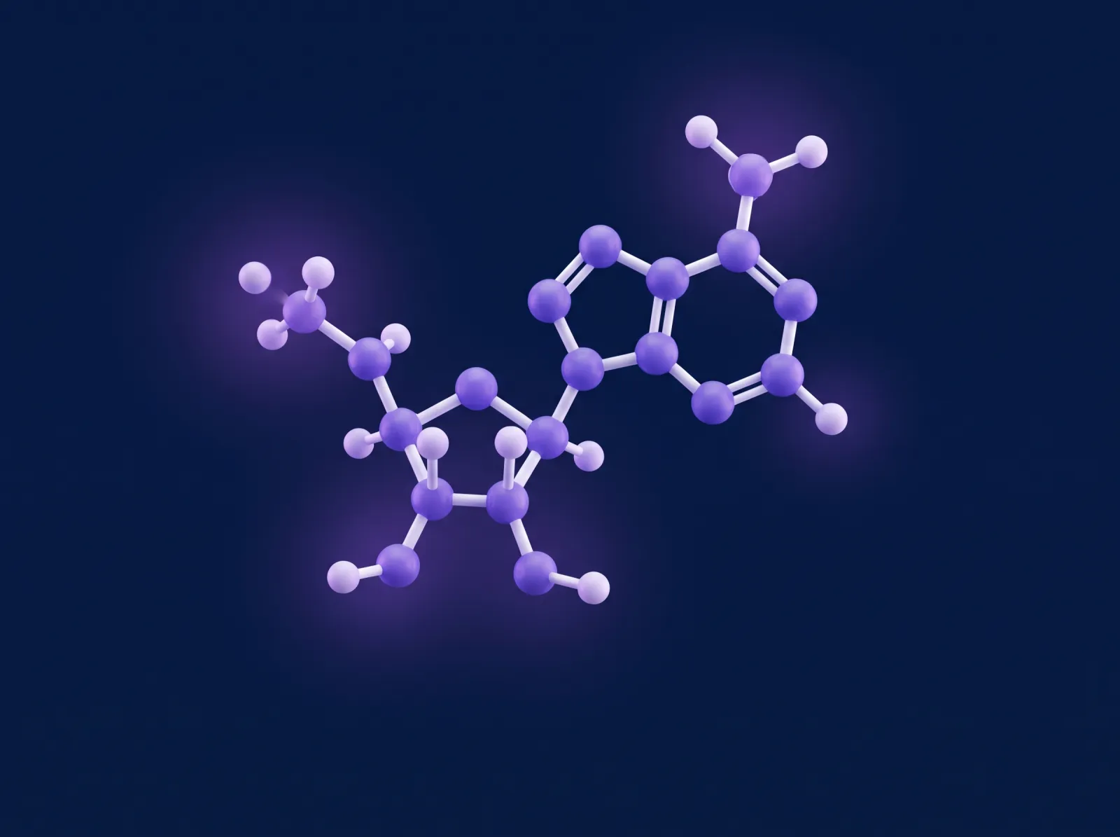 Illustrative 3D render of the NAD+ coenzyme molecule in violet and white ball and stick style on deep navy
