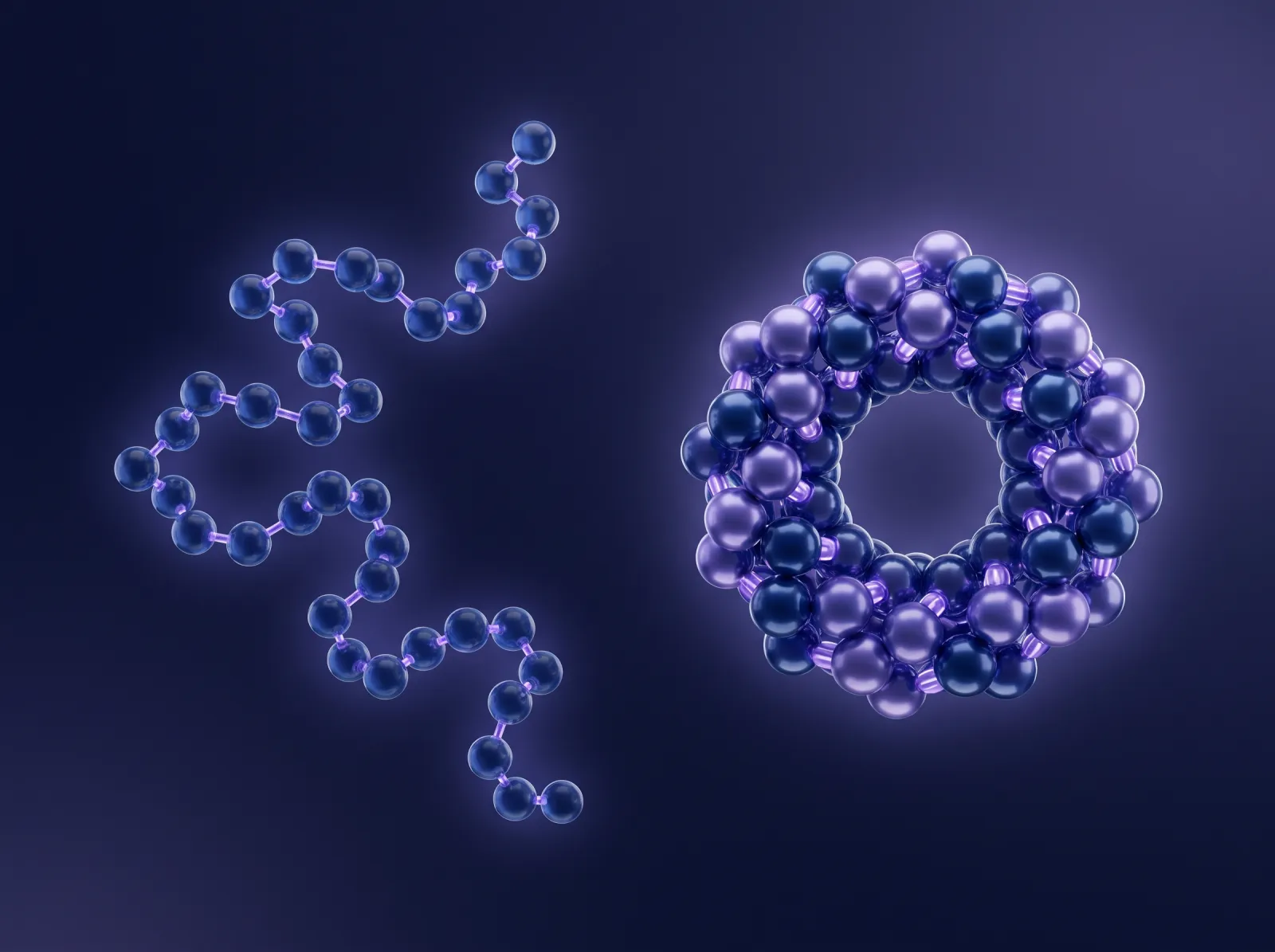 3D render contrasting a chain of beads with a compact ring based molecule on a deep navy background