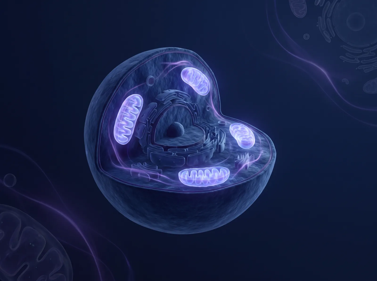 Illustrative 3D render of glowing mitochondria inside a cell with violet highlights on deep navy