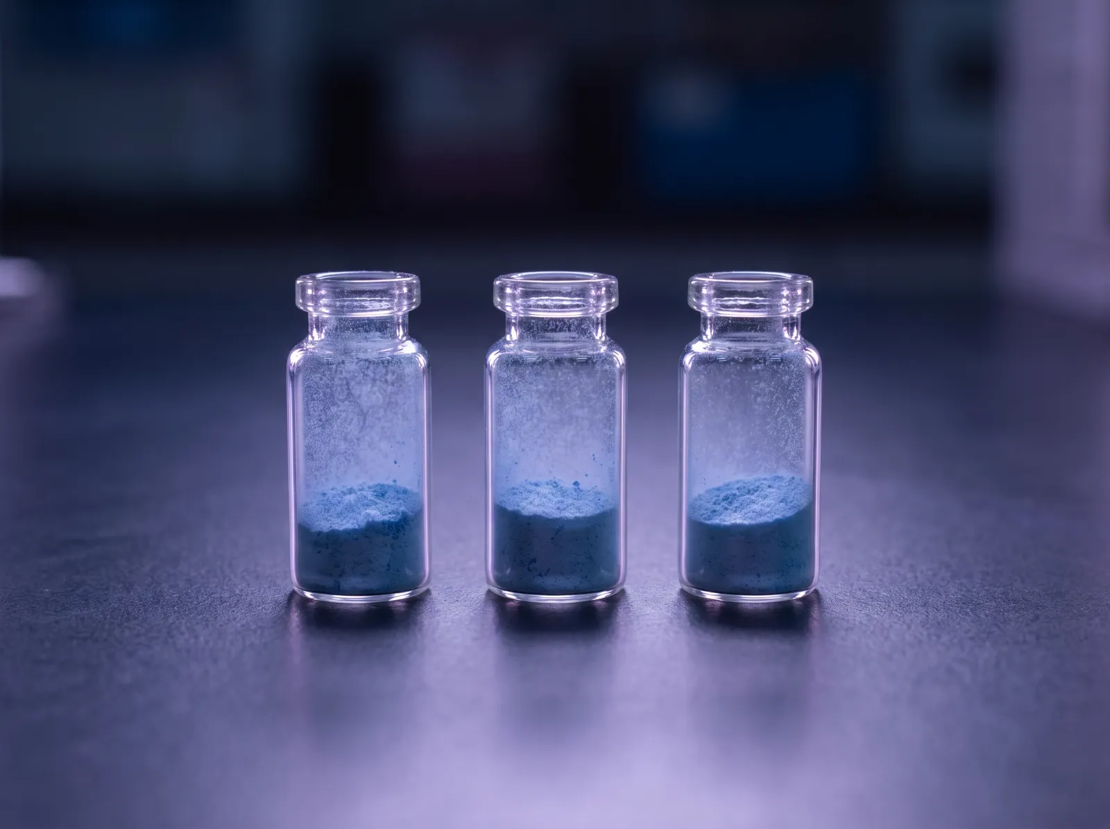 Three glass vials of lyophilized powder with a faint blue tint on a dark laboratory bench