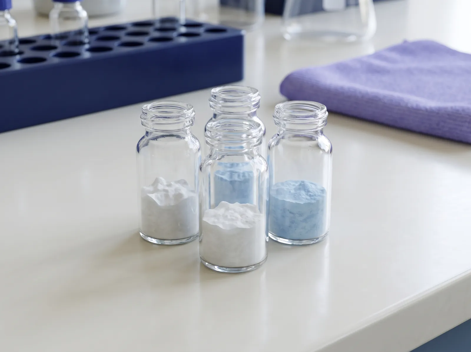 Four unlabelled glass vials of white and pale blue powder grouped on a clean laboratory bench