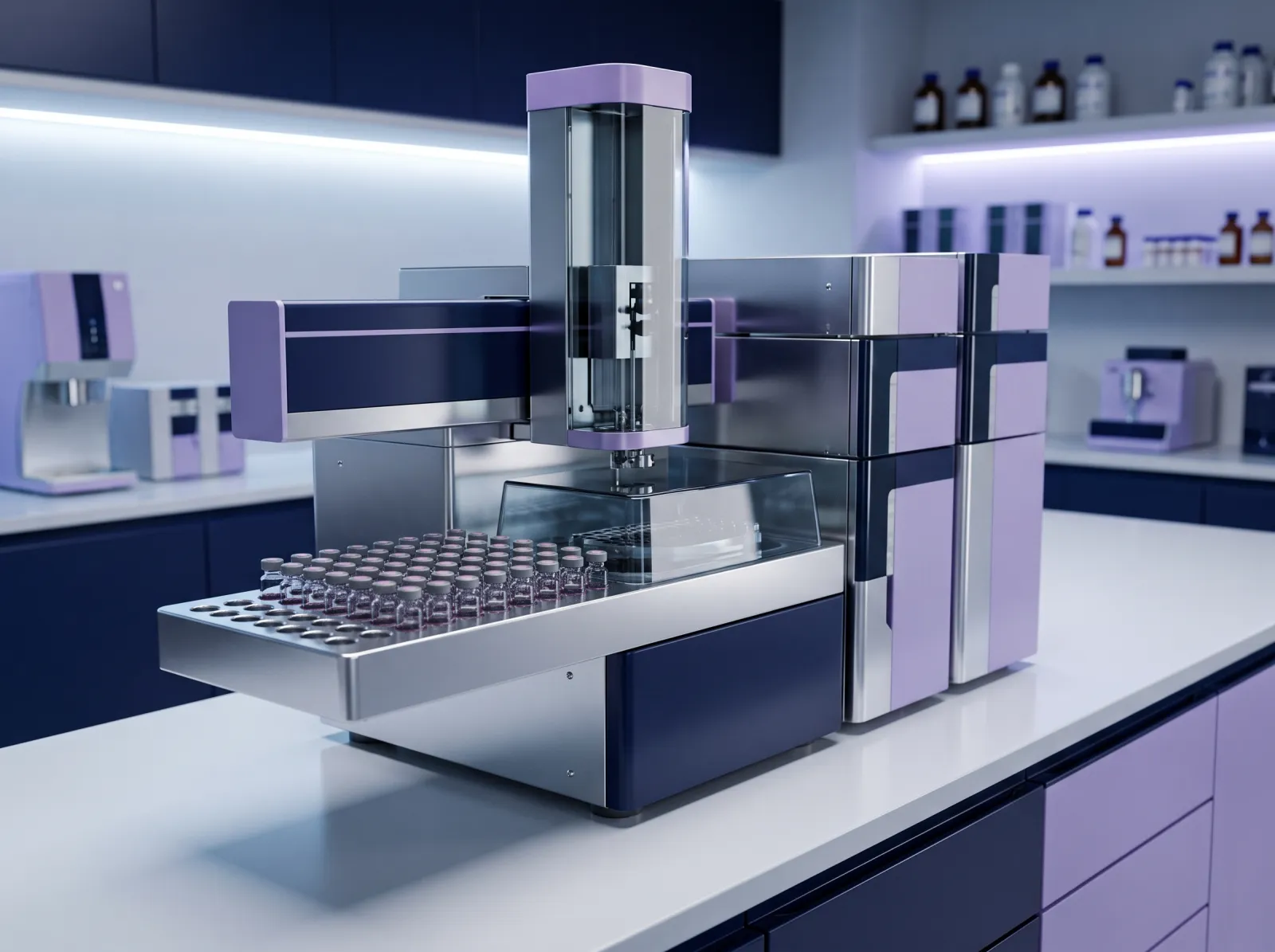 HPLC instrument with an autosampler tray of small glass vials in a clean analytical laboratory