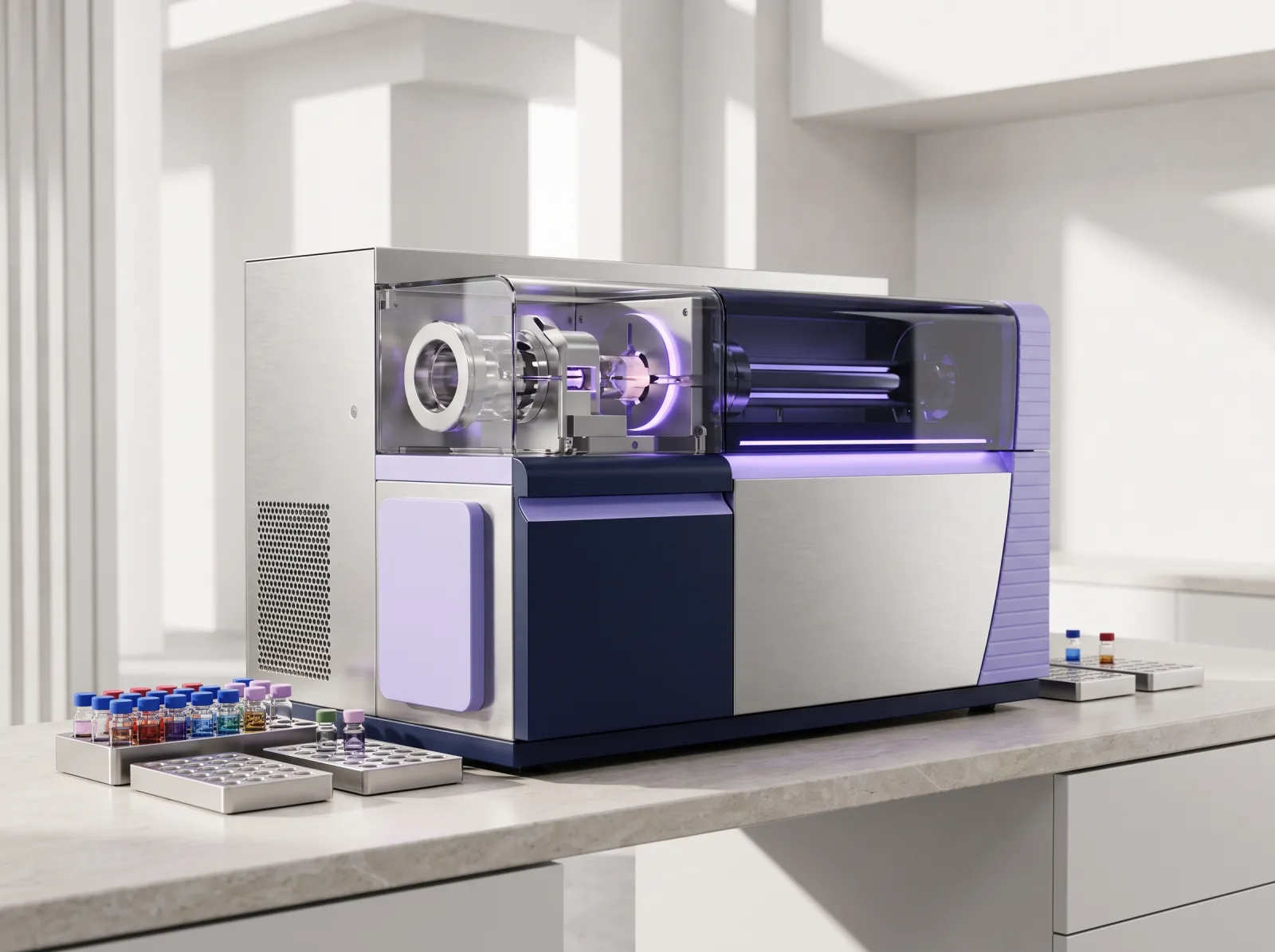 Benchtop mass spectrometer with sample vials nearby in a modern analytical laboratory