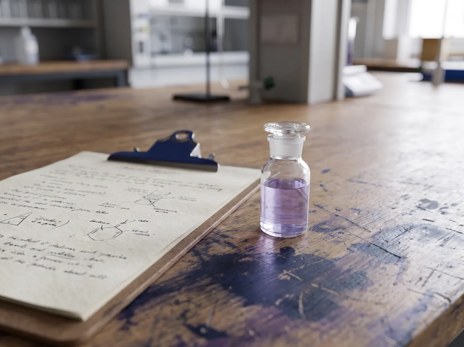 Laboratory report on a clipboard beside a small glass vial on a bench, text blurred