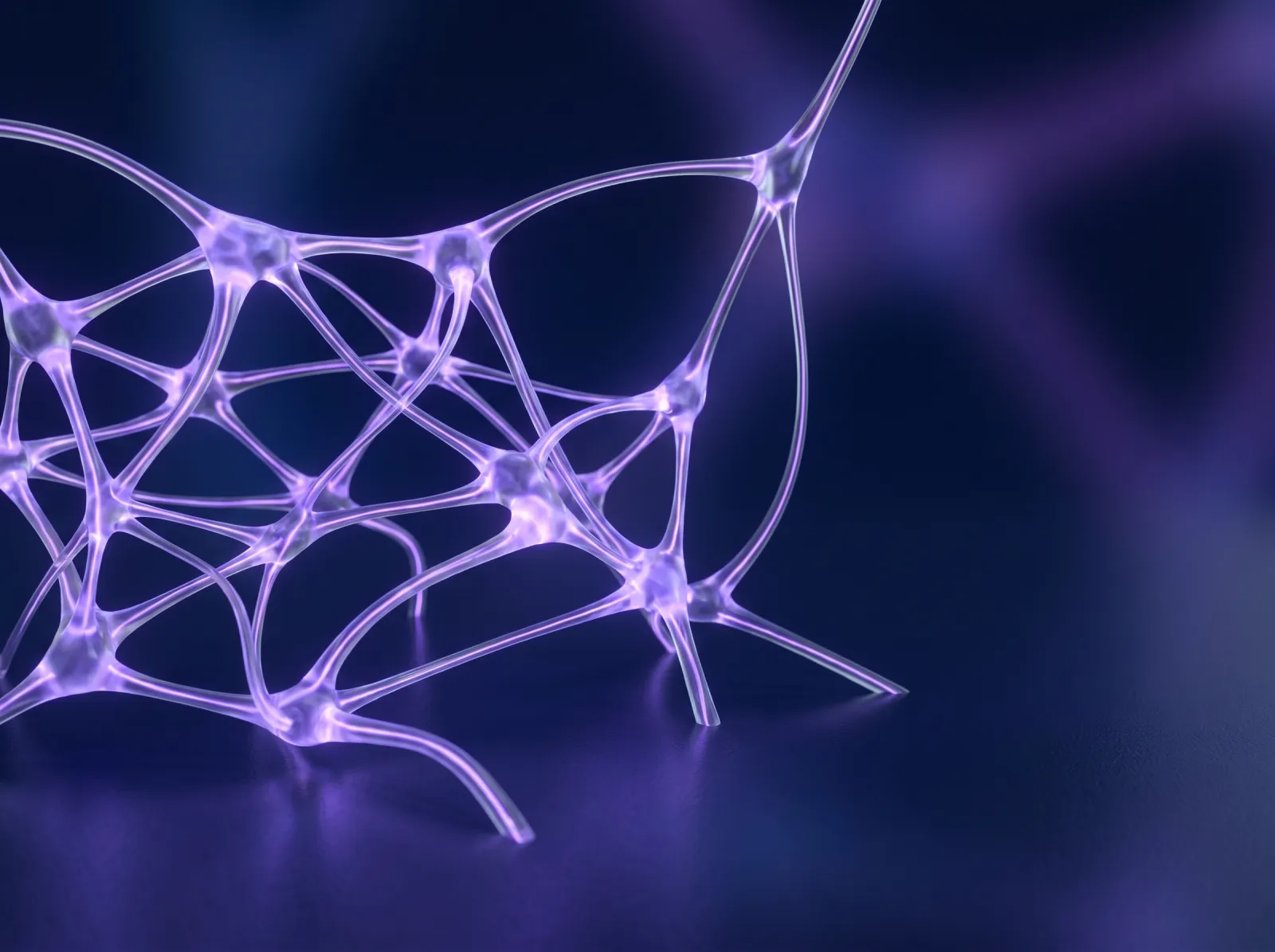 Abstract 3D render of a glowing violet neural network with branching connections on a deep navy background