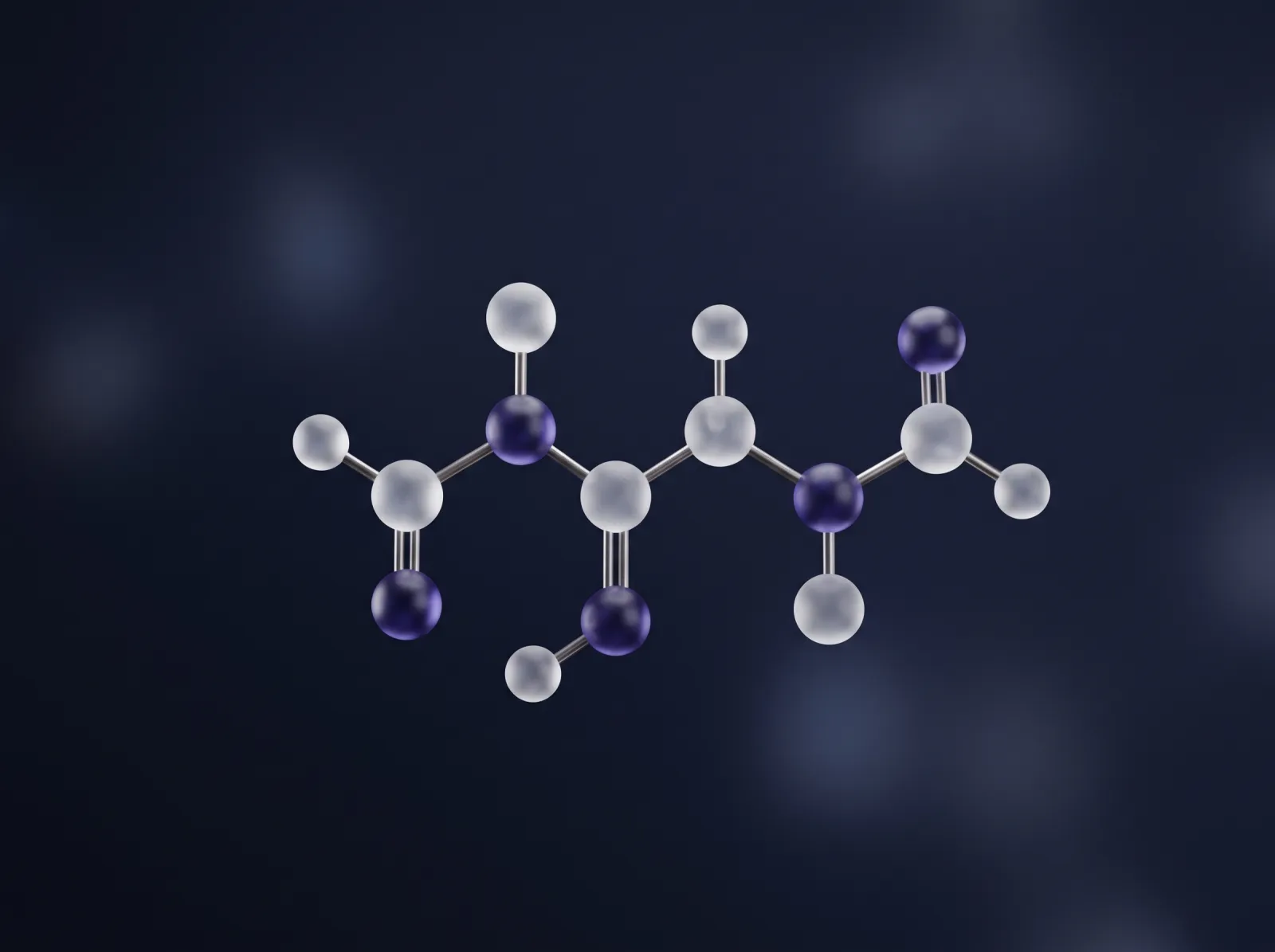 Scientific 3D render of a short violet and white peptide chain molecule on a deep navy background