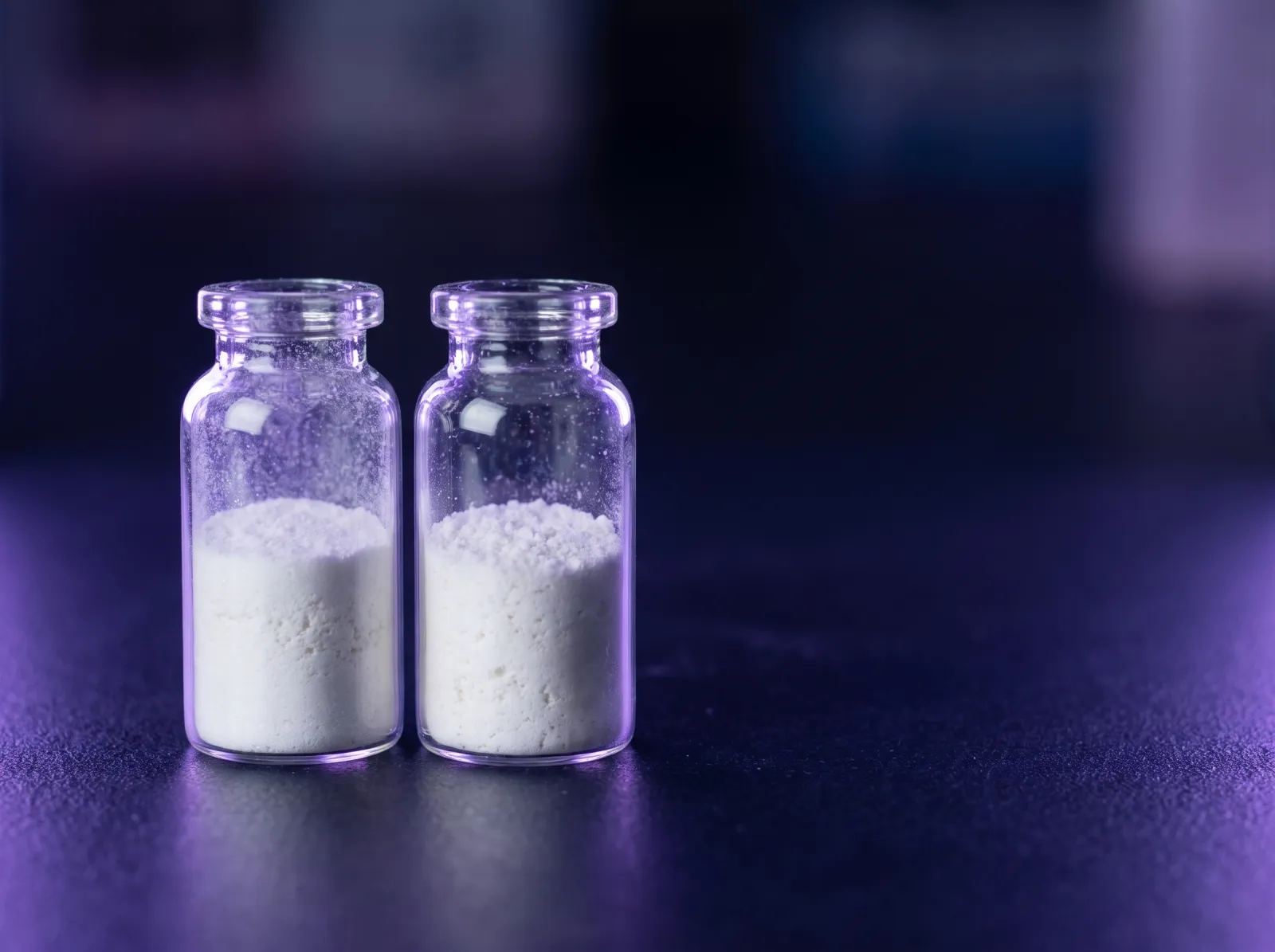Two unlabelled glass vials of white lyophilized powder side by side on a dark laboratory bench