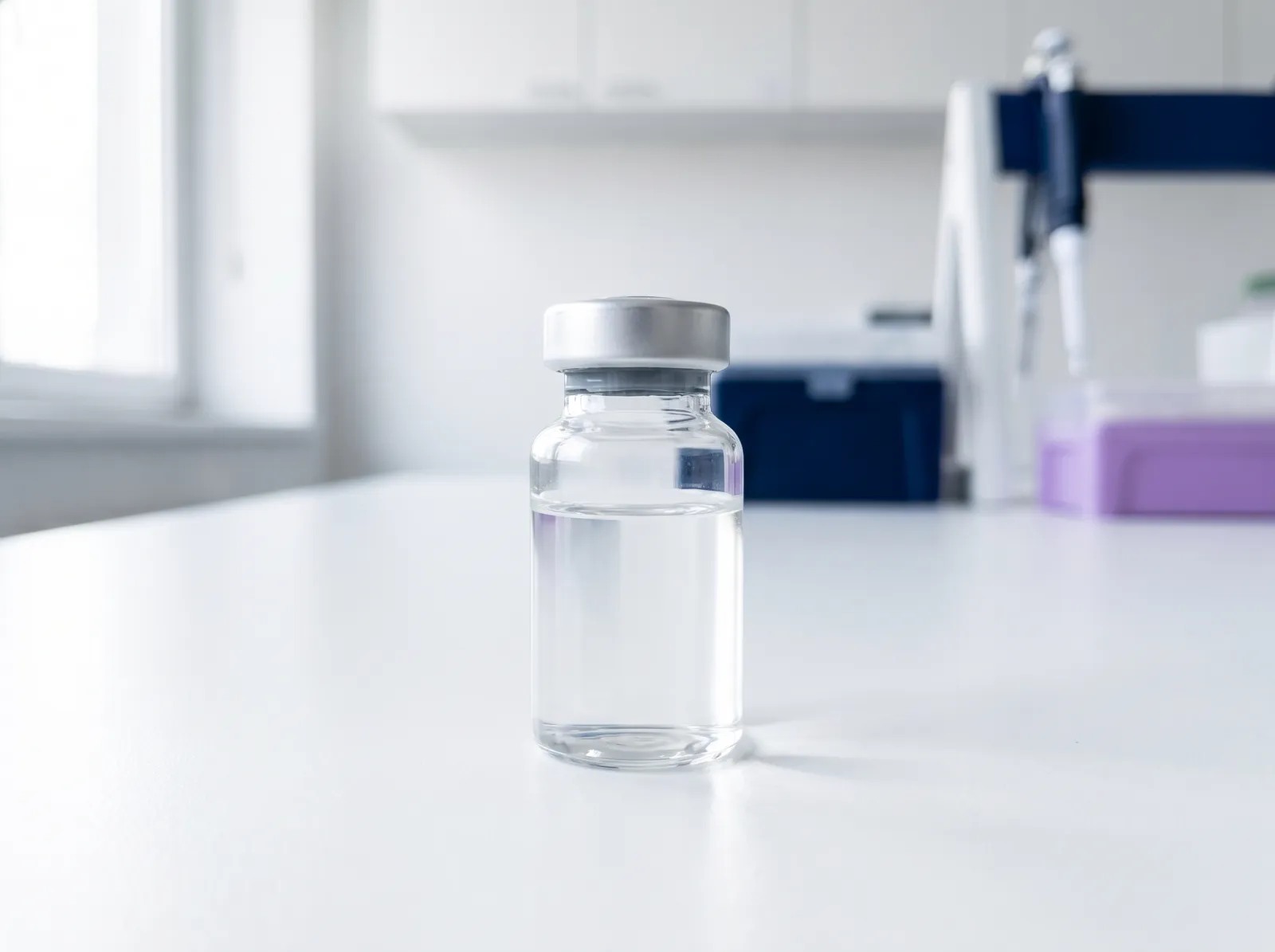 Clear glass vial of bacteriostatic water with grey rubber stopper and metal crimp seal on a white lab bench
