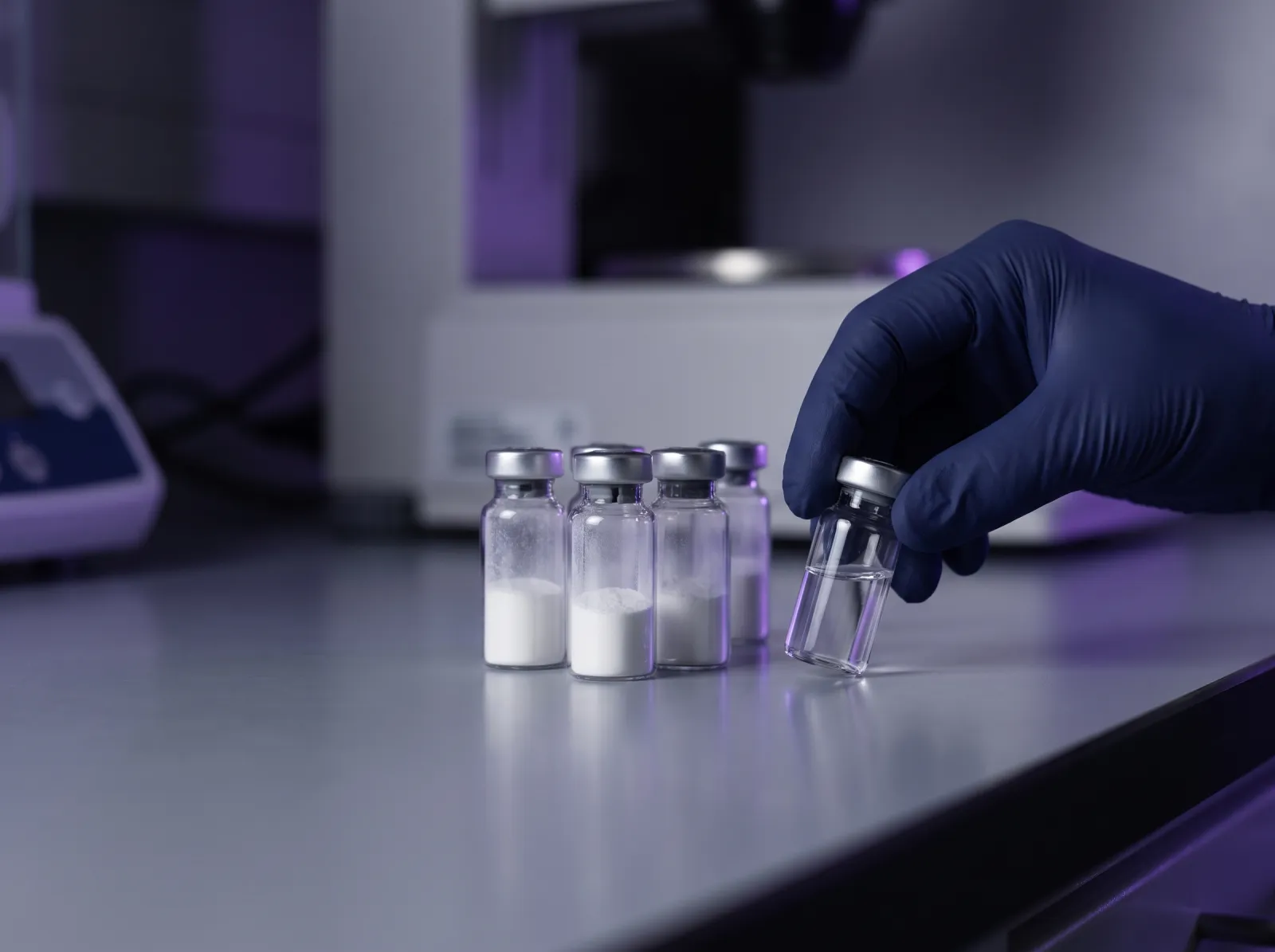 Gloved hand holding a small vial of clear diluent beside vials of white lyophilized powder on a lab bench