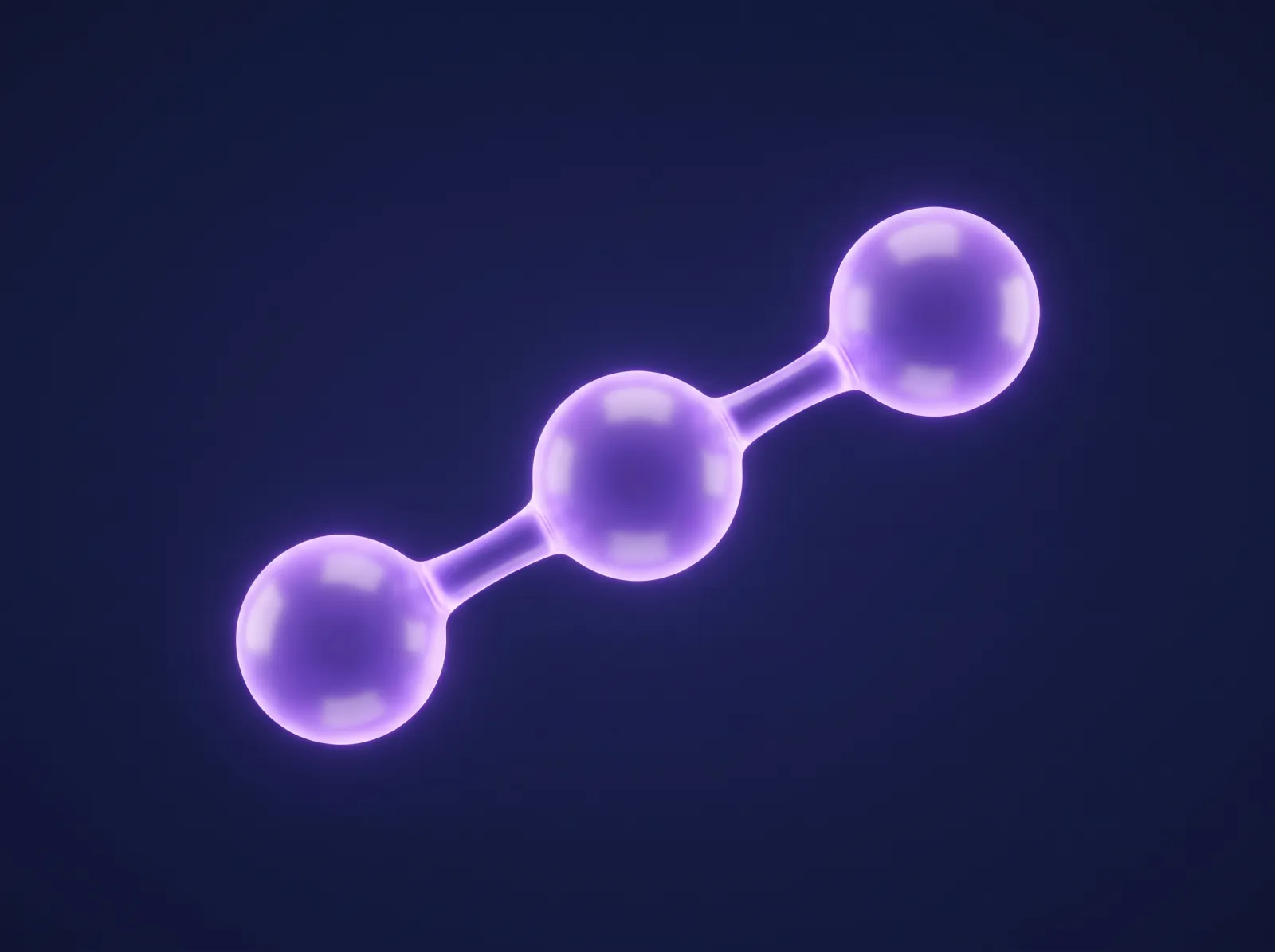 Illustrative 3D render of three connected amino acid spheres glowing violet on a deep navy background