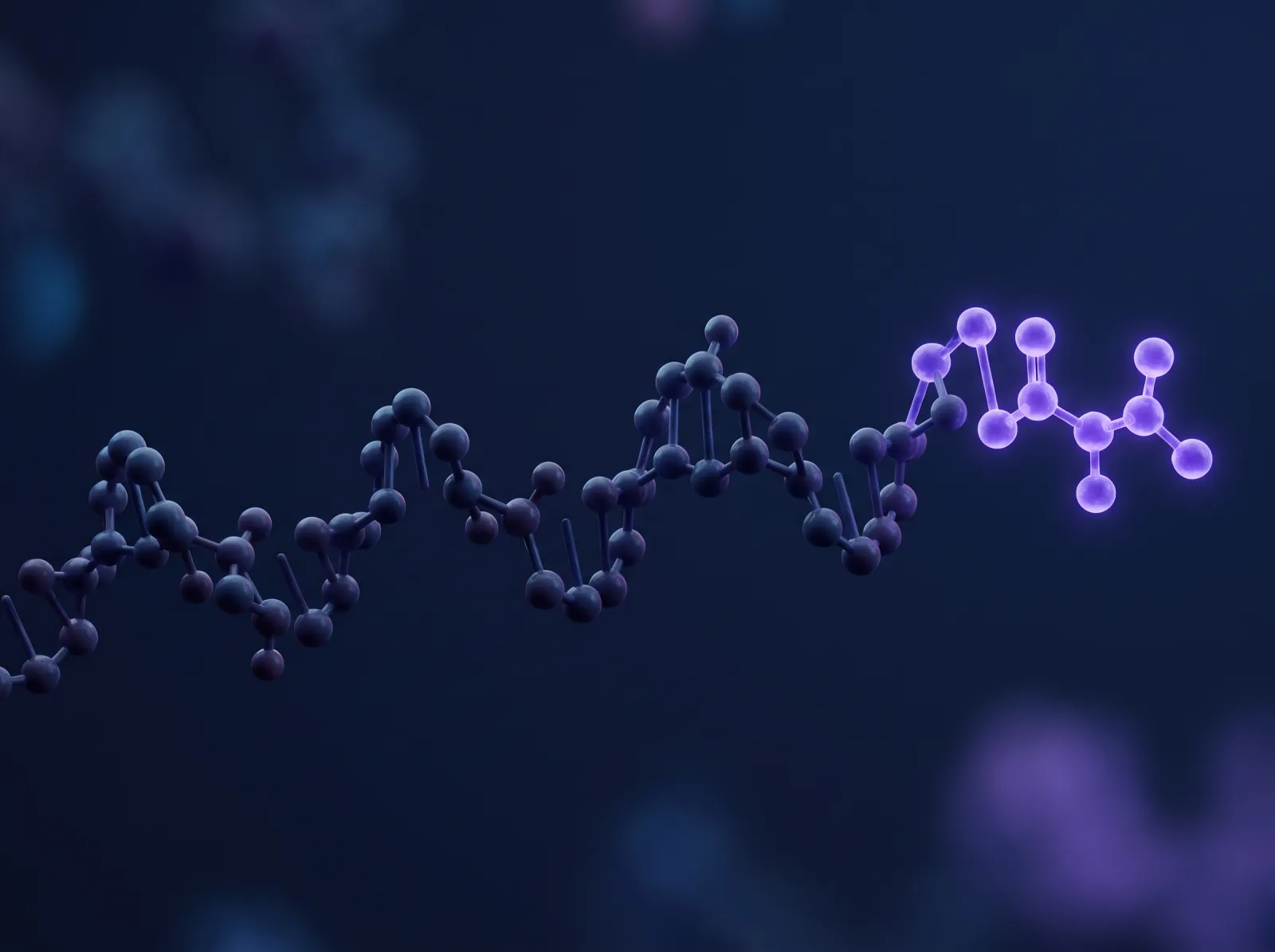 Illustrative 3D render of a peptide chain with its final three units highlighted violet on deep navy