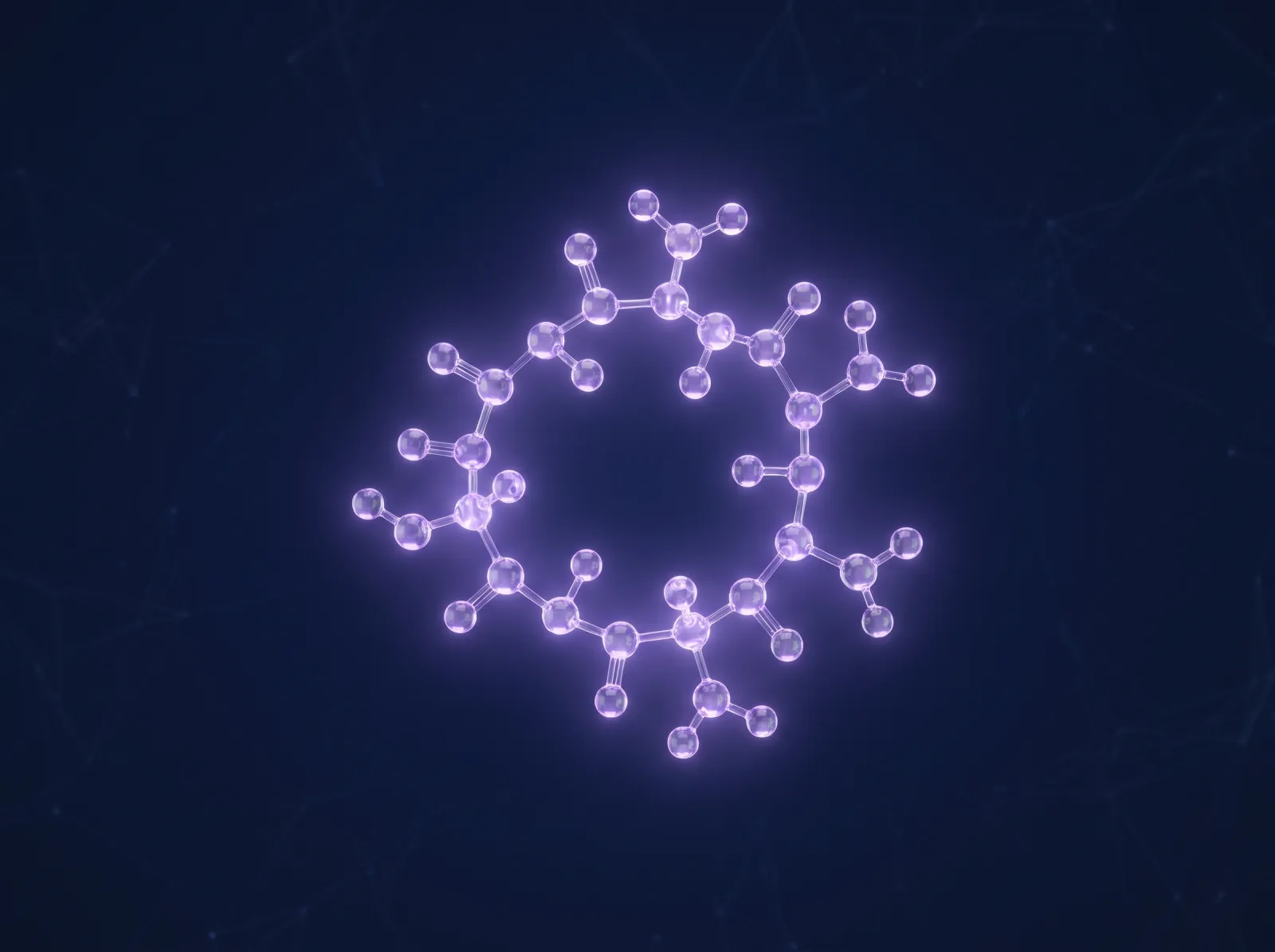 Illustrative 3D render of a small cyclic peptide ring glowing violet on a deep navy background