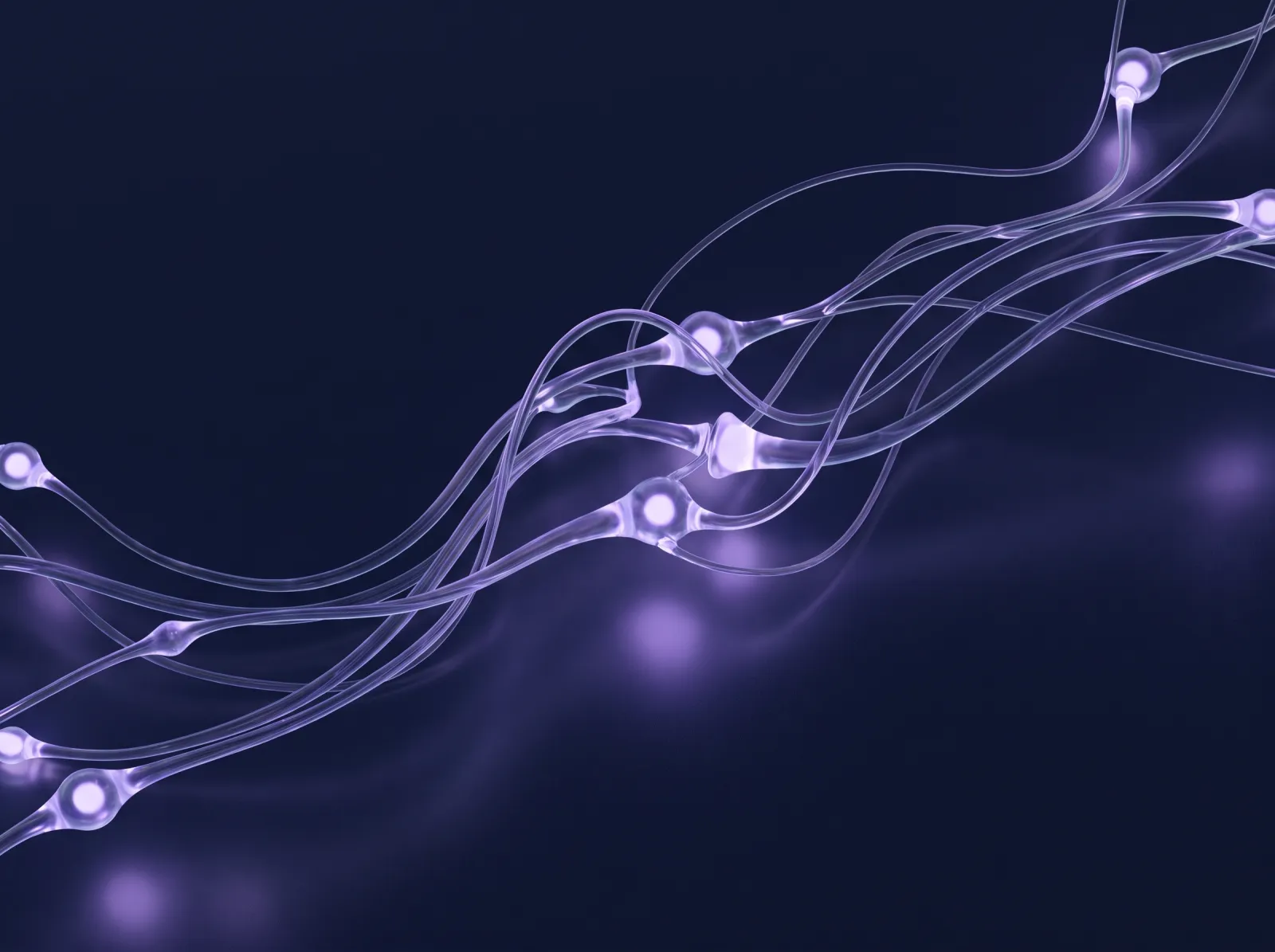 Abstract 3D render of glowing violet neural pathways and synapses on a deep navy background