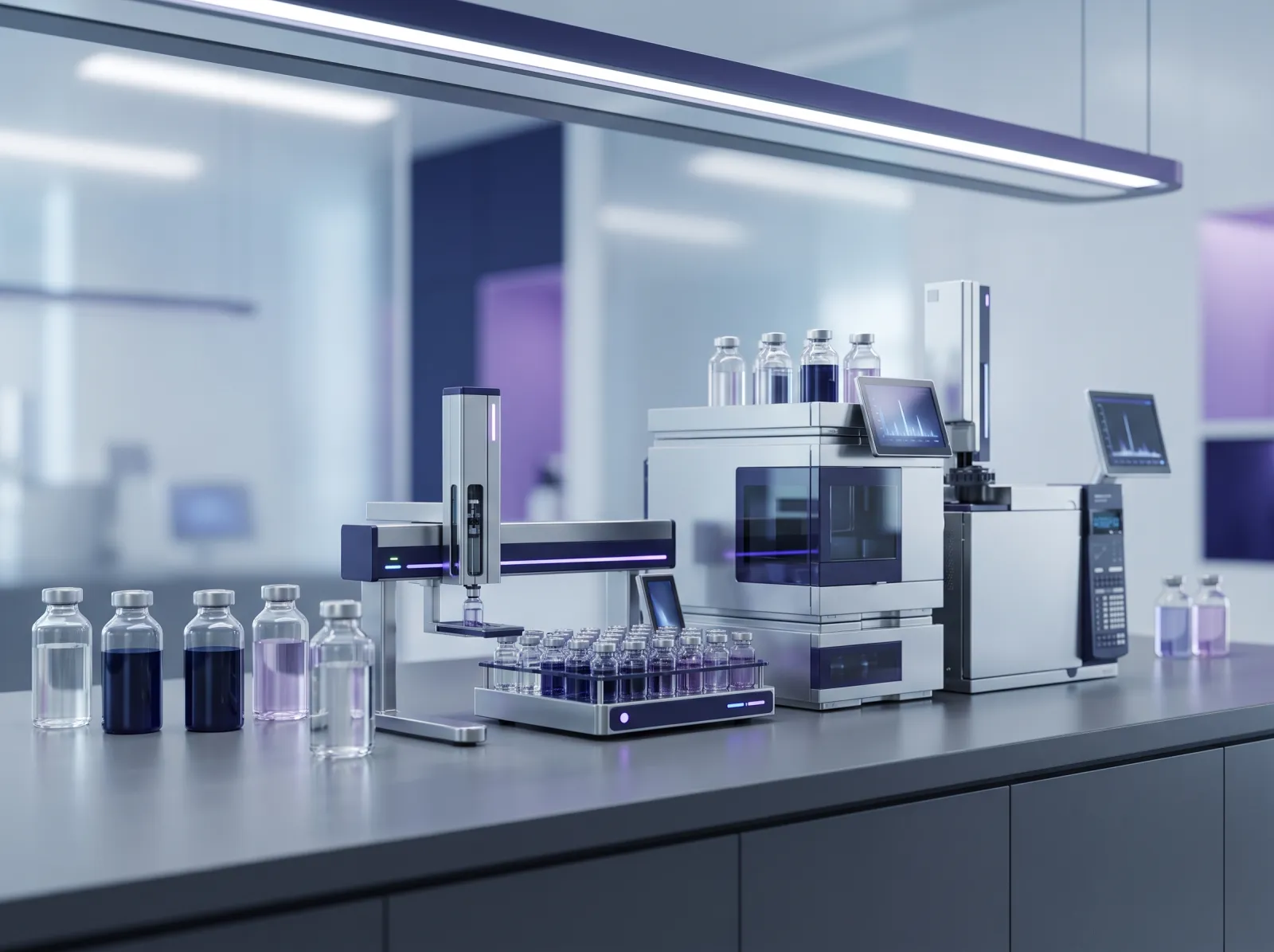 Modern pharmaceutical research laboratory with glass vials and analytical equipment on a clean bench